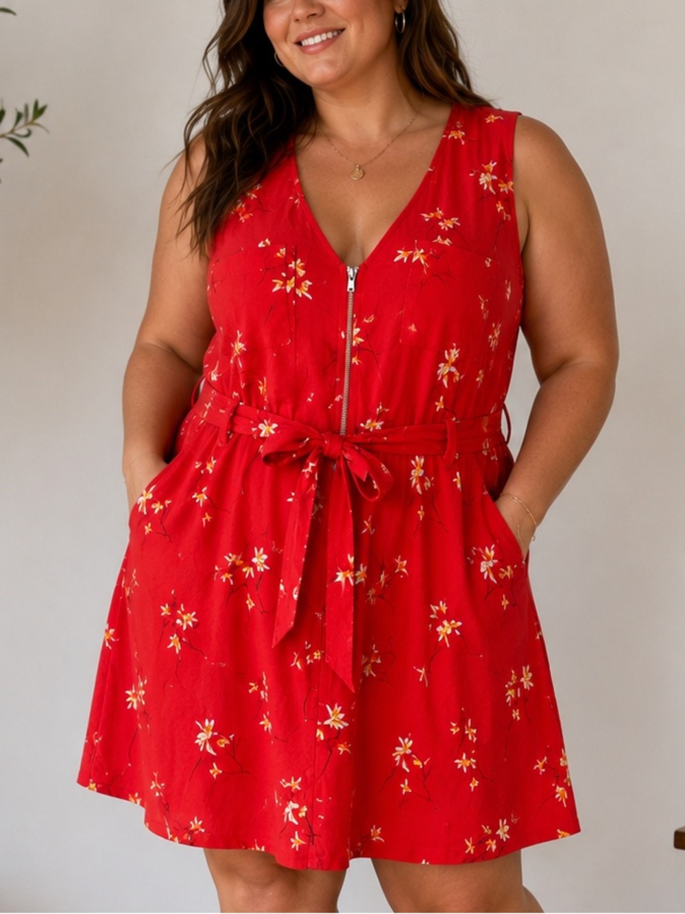 JustFab Red Floral Dress with Zip Front